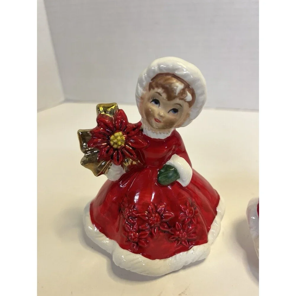 2 Lefton Poinsettia Girls Present Vintage Christmas Figurine Red Dress 6604